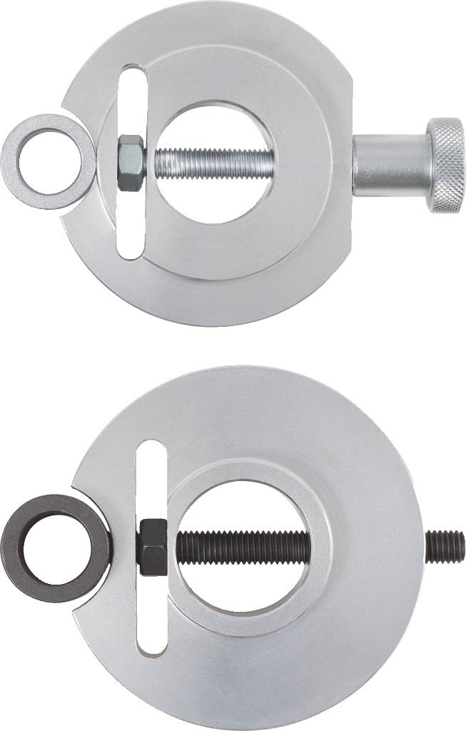 Zwei mechanische Klemmen aus Metall mit runden Scheiben und Schraubmechanismen, übereinander angeordnet.