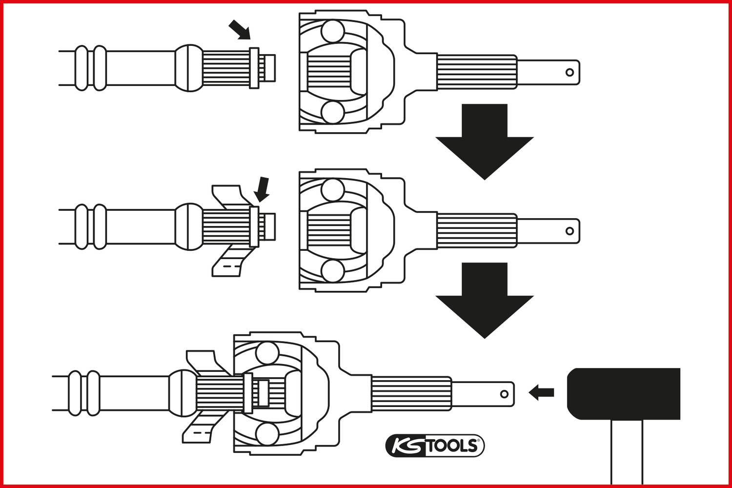 Explosionszeichnung einer Autoteil-Montage; zeigt den Schritt-für-Schritt-Prozess, um ein Bauteil zu installieren; mit Richtungspfeilen.