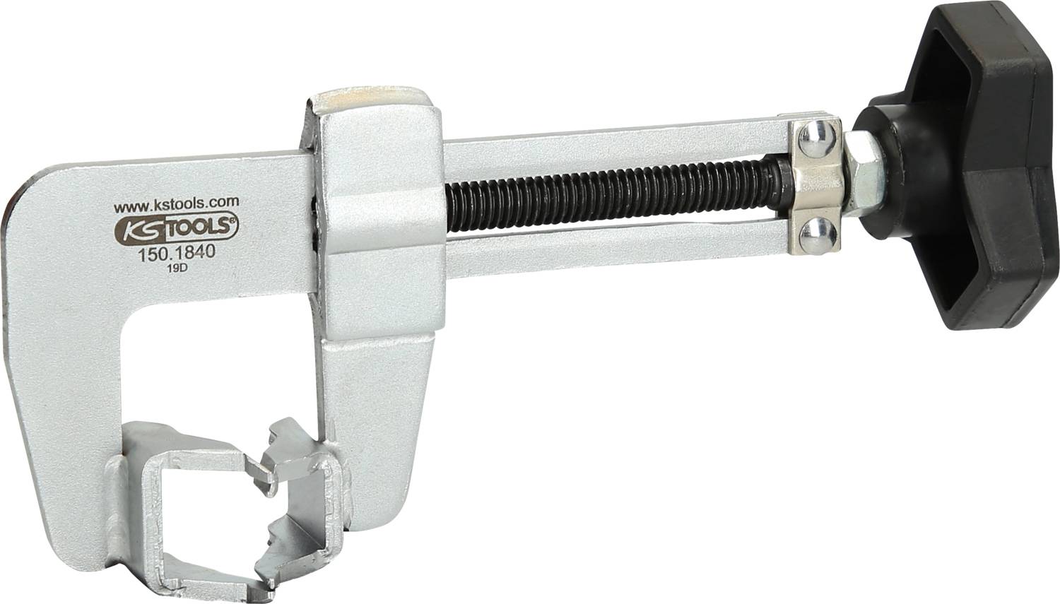 Ein silberner Abgasklemmenöffner mit schwarzem Drehgriff. Geeignet zum Öffnen von Klemmen an Auspuffsystemen.