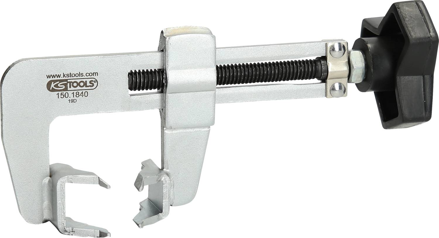 Eine silberne Schraubzwinge mit schwarzem Griff und einstellbarer Backe, geeignet zum Fixieren oder Halten von Gegenständen.