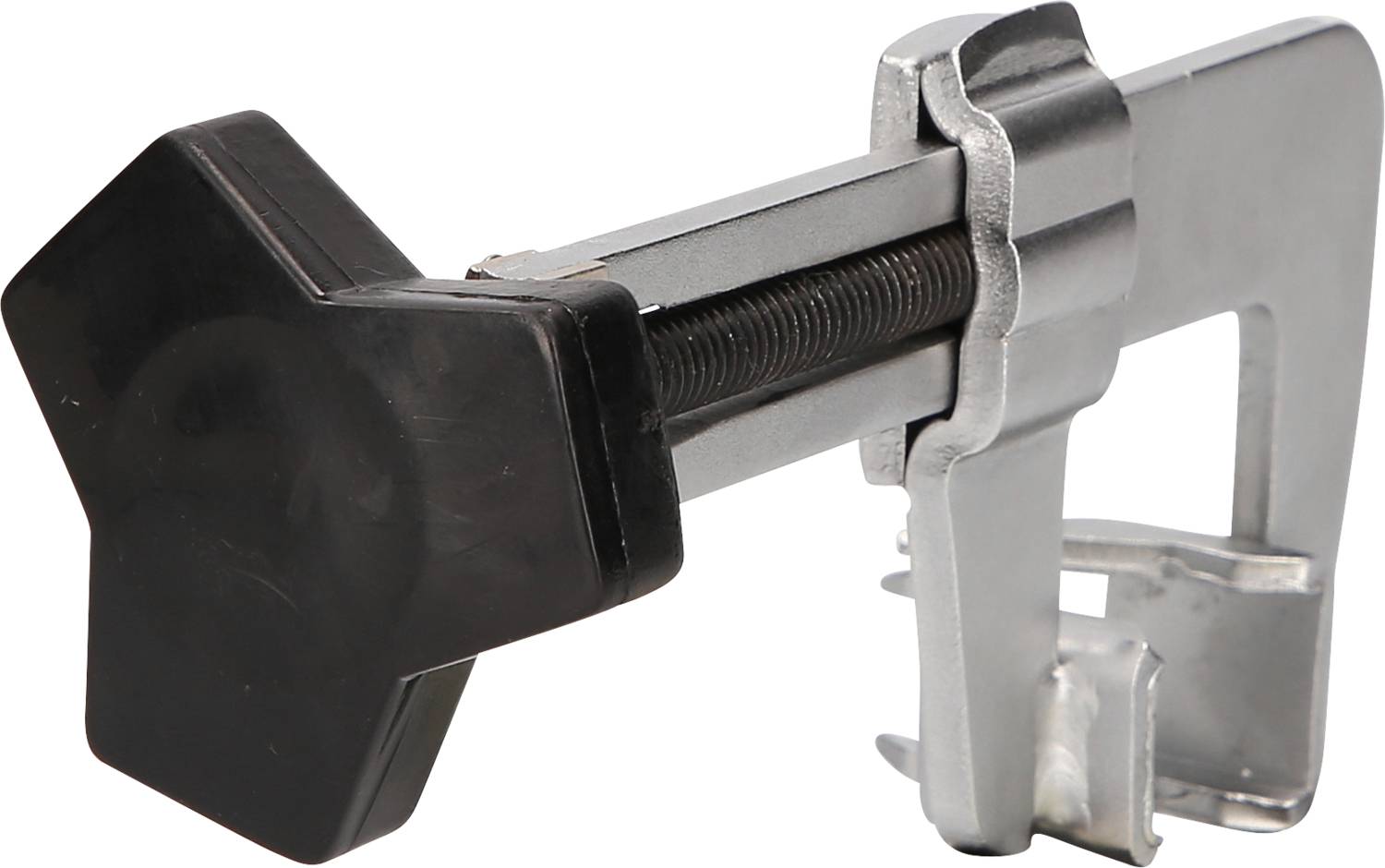 Metallische Schraubzwinge mit schwarzem Griff, die hauptsächliche zur Sicherung von Werkstücken verwendet wird.