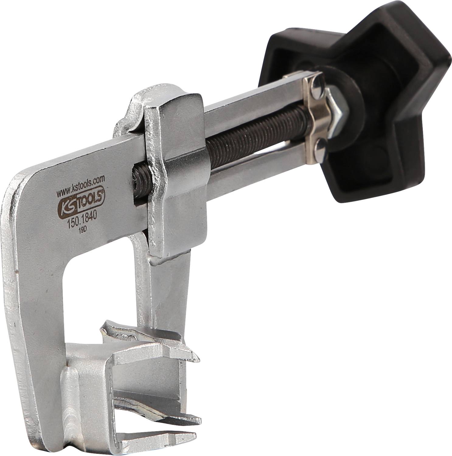 Ein silberner Bremskolbenrücksteller mit schwarzem Griff, verwendet zum Zurücksetzen von Bremssätteln bei Autoreparaturen.