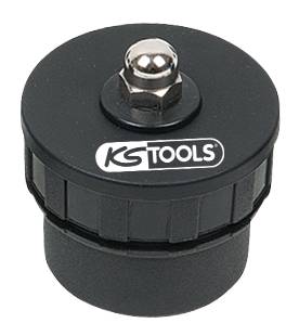 Spezialkappe von KS Tools, schwarz mit Metallschraube oben, verwendet zur Sicherung von Werkzeugaufsätzen.