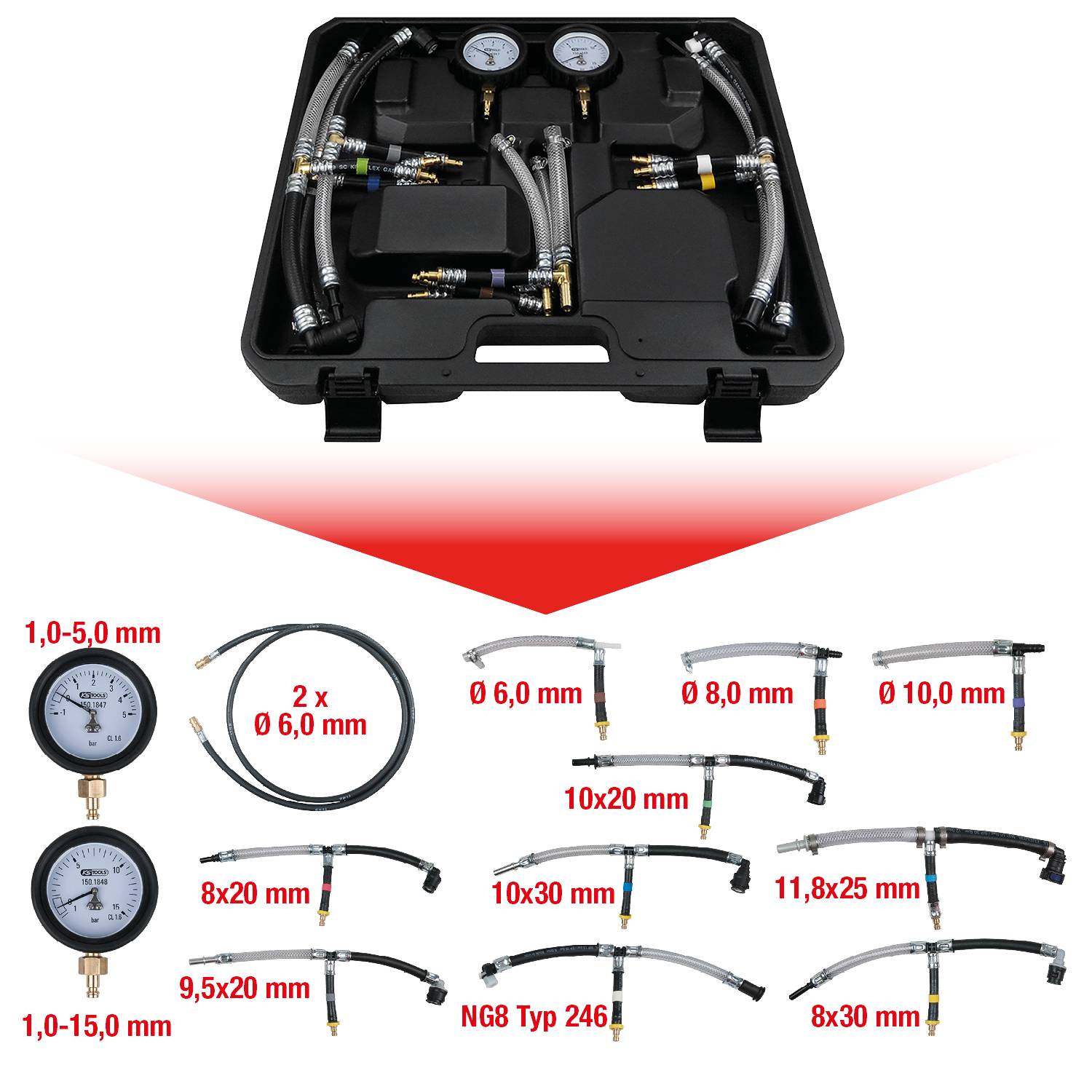 KS Tools 150.1845 Kraftstoff Niederdruck-Diagnose-Satz, 14-tlg