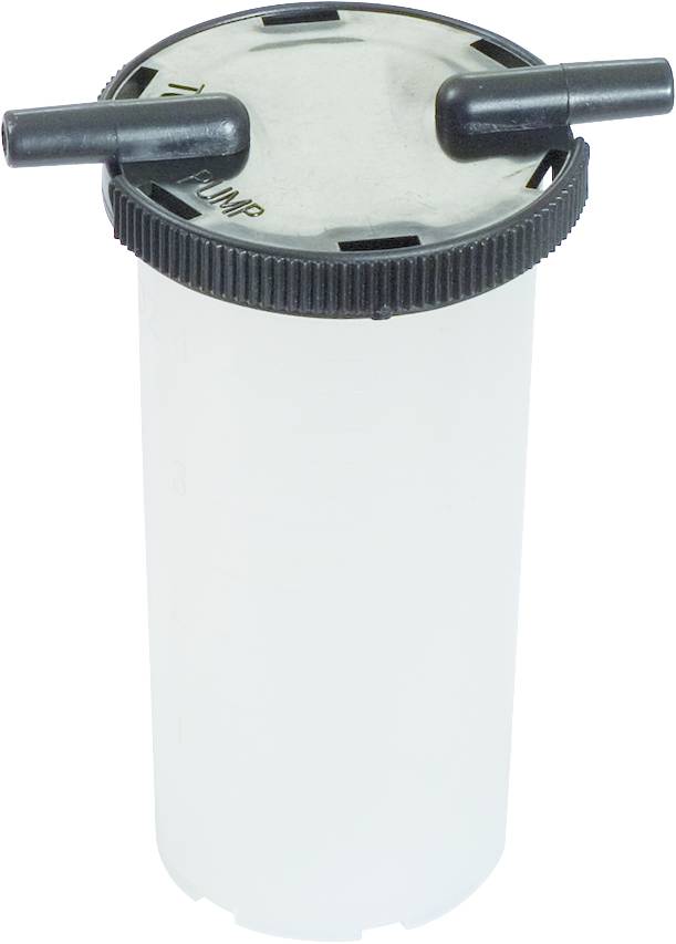 Zylindrischer Kraftstofffilter mit zwei seitlichen Anschlüssen und einem geriffelten Schraubverschluss auf der Oberseite.