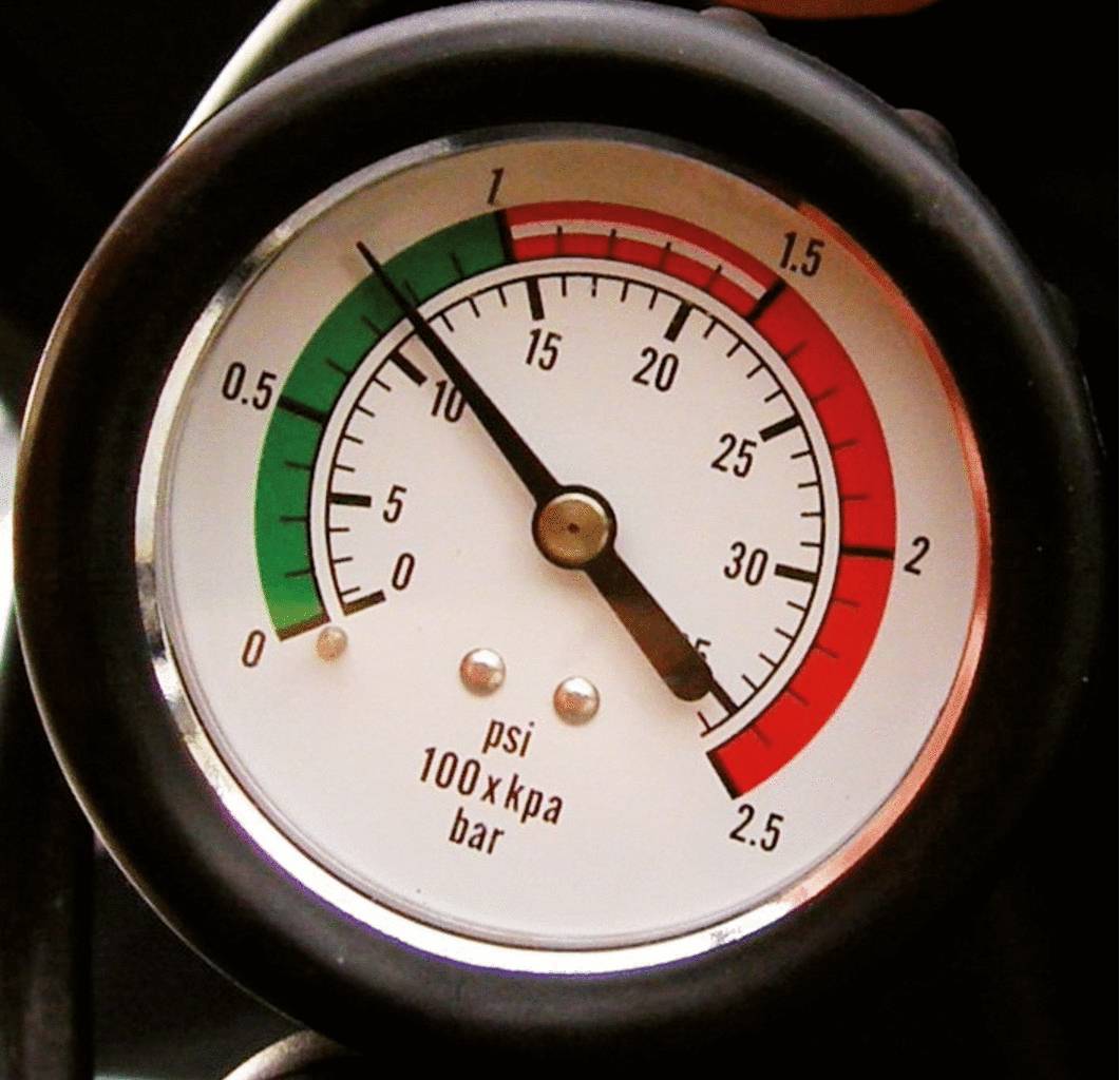 Ein Manometer zeigt Druckanzeige in psi und bar. Der Zeiger steht auf 1,5 bar im grünen Bereich, was normal ist.