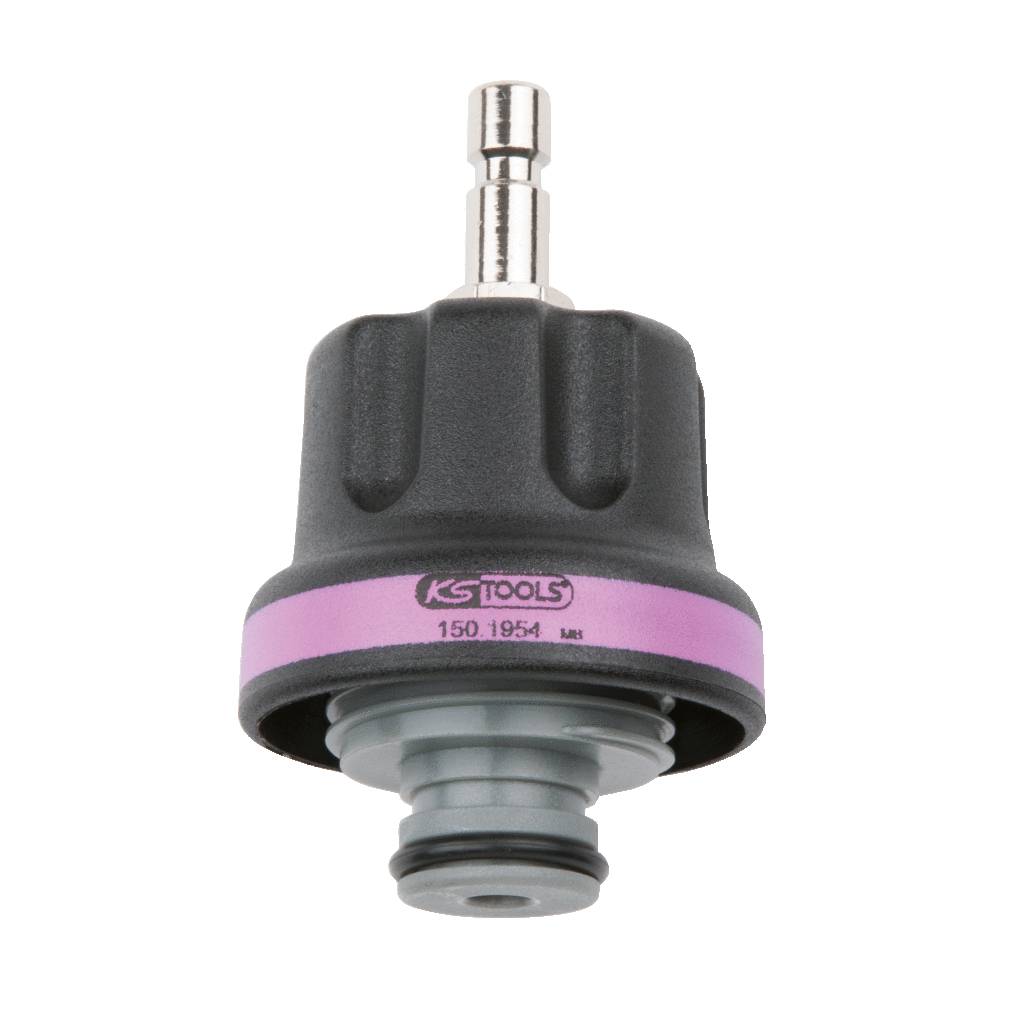 Abgebildet ist ein Kunststoffadapter mit Metallstift zur Verbindung von Rohrsystemen, hergestellt von KS Tools.
