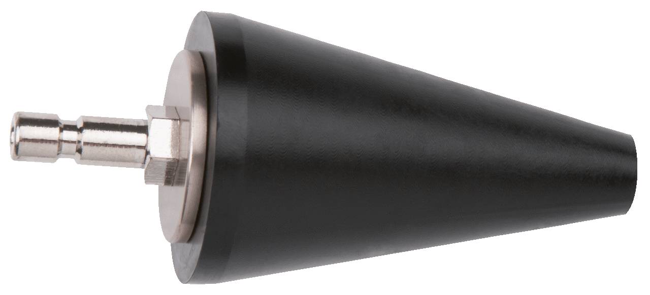 Ein konisch geformter Adapter mit Metall- und Kunststoffteilen. Wahrscheinlich ein Teil eines technischen Geräts oder Werkzeugs.