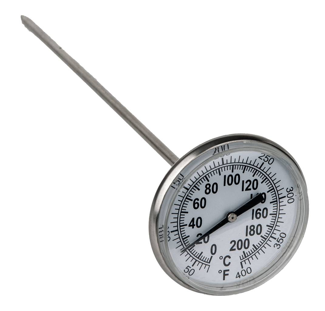 Ein runder Analog-Thermometer mit einer Metallsonde zeigt etwa 88 Grad Celsius und 190 Grad Fahrenheit an.