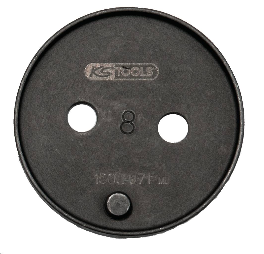 Rundes Metallwerkzeug mit zwei Löchern und einer mittleren Erhebung, Aufschrift 'KS TOOLS 150.8071'.