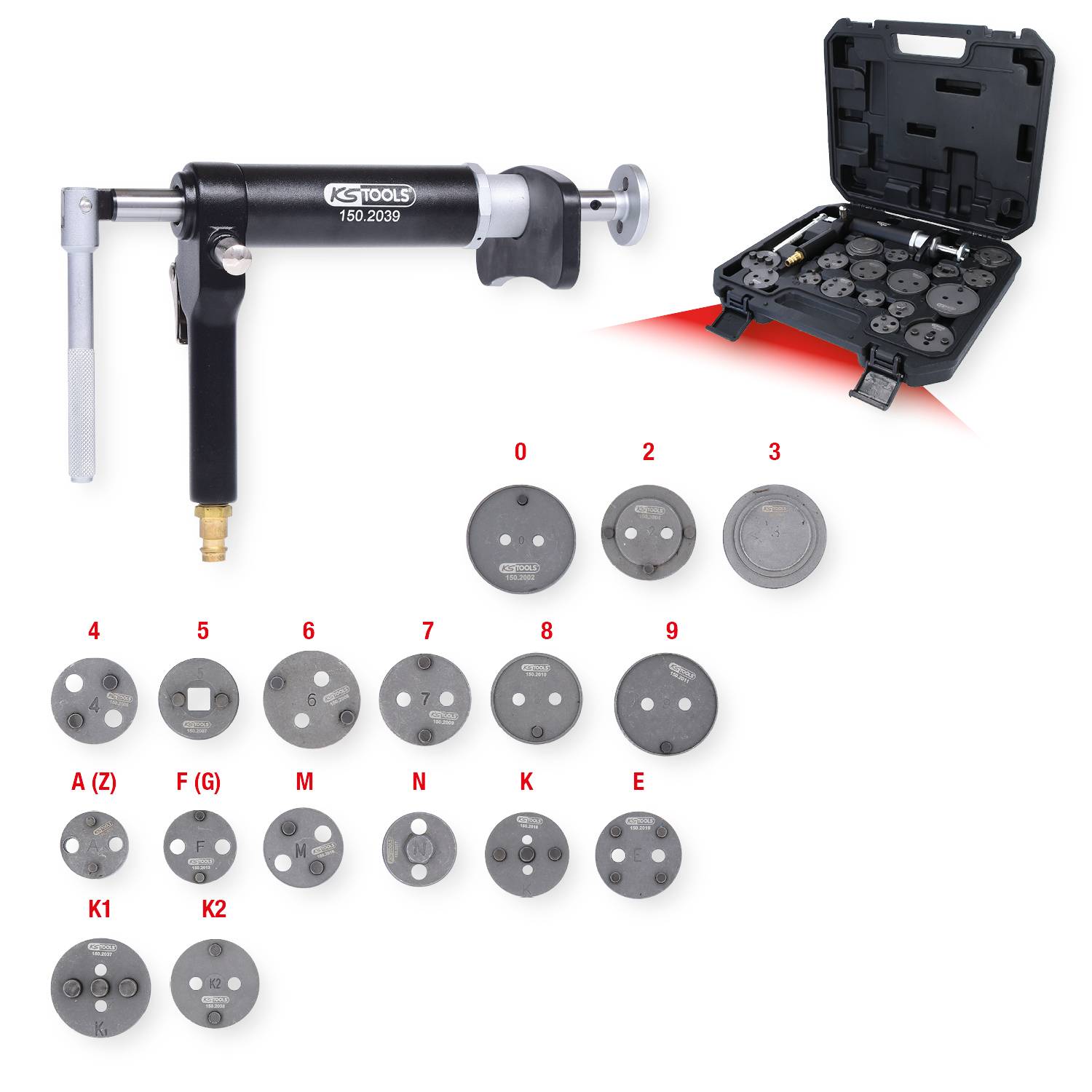 KS Tools 150.2000 Druckluftspindel-Bremskolbenwerkzeug-Satz, 18-tlg