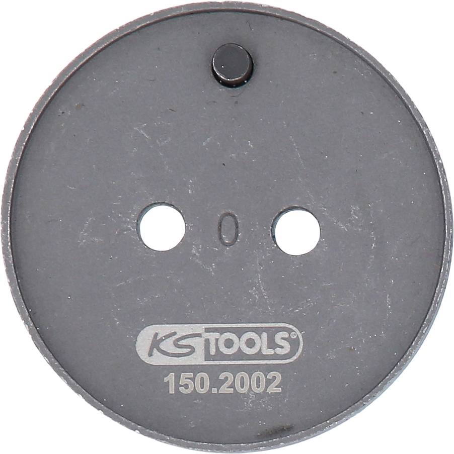 Runde, silberfarbene Metallscheibe mit zwei Löchern und der Aufschrift 'KS TOOLS 150.2002'.