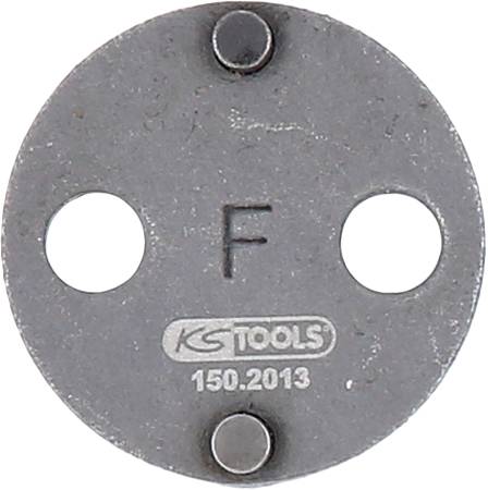 Metallplatte mit drei Stiften und zwei Löchern, graviert mit 'F' und 'KS TOOLS 150.2013'.