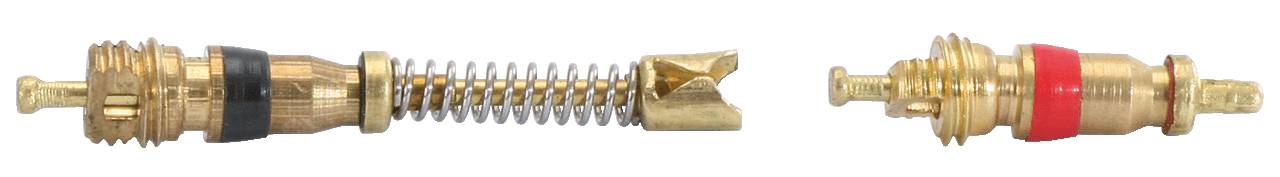 Zwei unterschiedliche Ventileinsätze aus Messing, links mit schwarzem und rechts mit rotem Dichtungsring, freigestellt vor weißem Hintergrund.