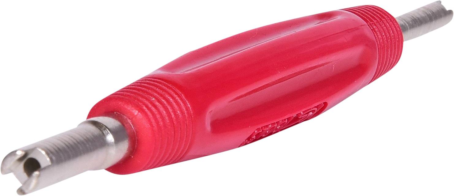 Ein rot-gefertigtes Werkzeug mit geriffeltem Griff und zwei Metallspitzen an beiden Enden, möglicherweise ein Entgrat- oder Reparaturwerkzeug.