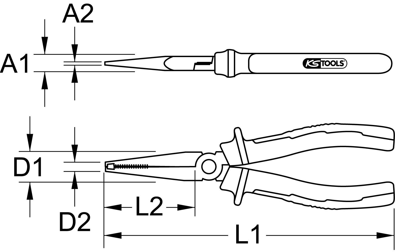 Skizze einer Kombizange mit spezifischen Abmessungen: A1, A2, D1, D2, L1, L2, und Griffaufschrift KS Tools.