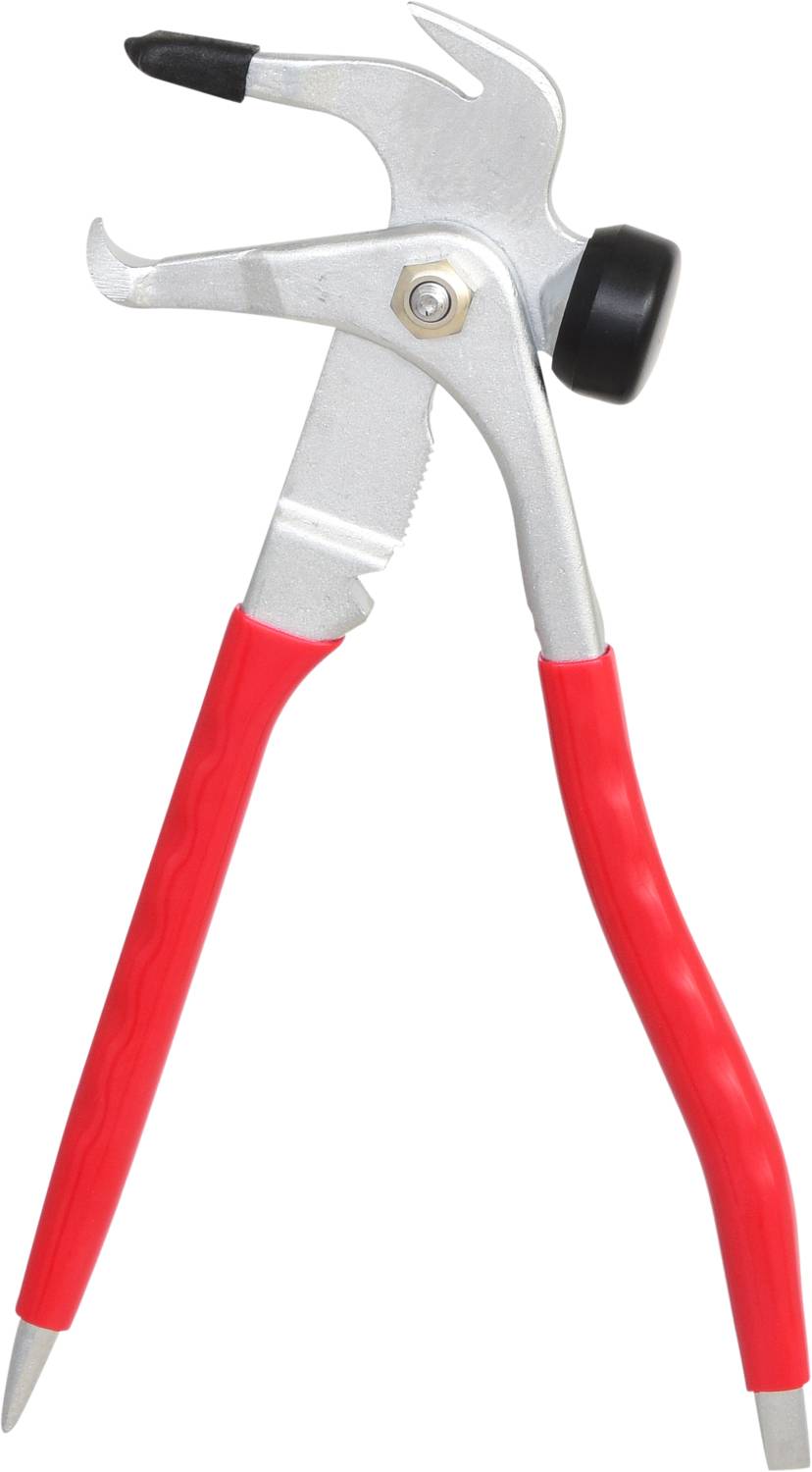 Werkzeug mit rotem Griff und mehreren Funktionen, darunter Hammerkopf, Nagelschneider und Zangenfunktion.