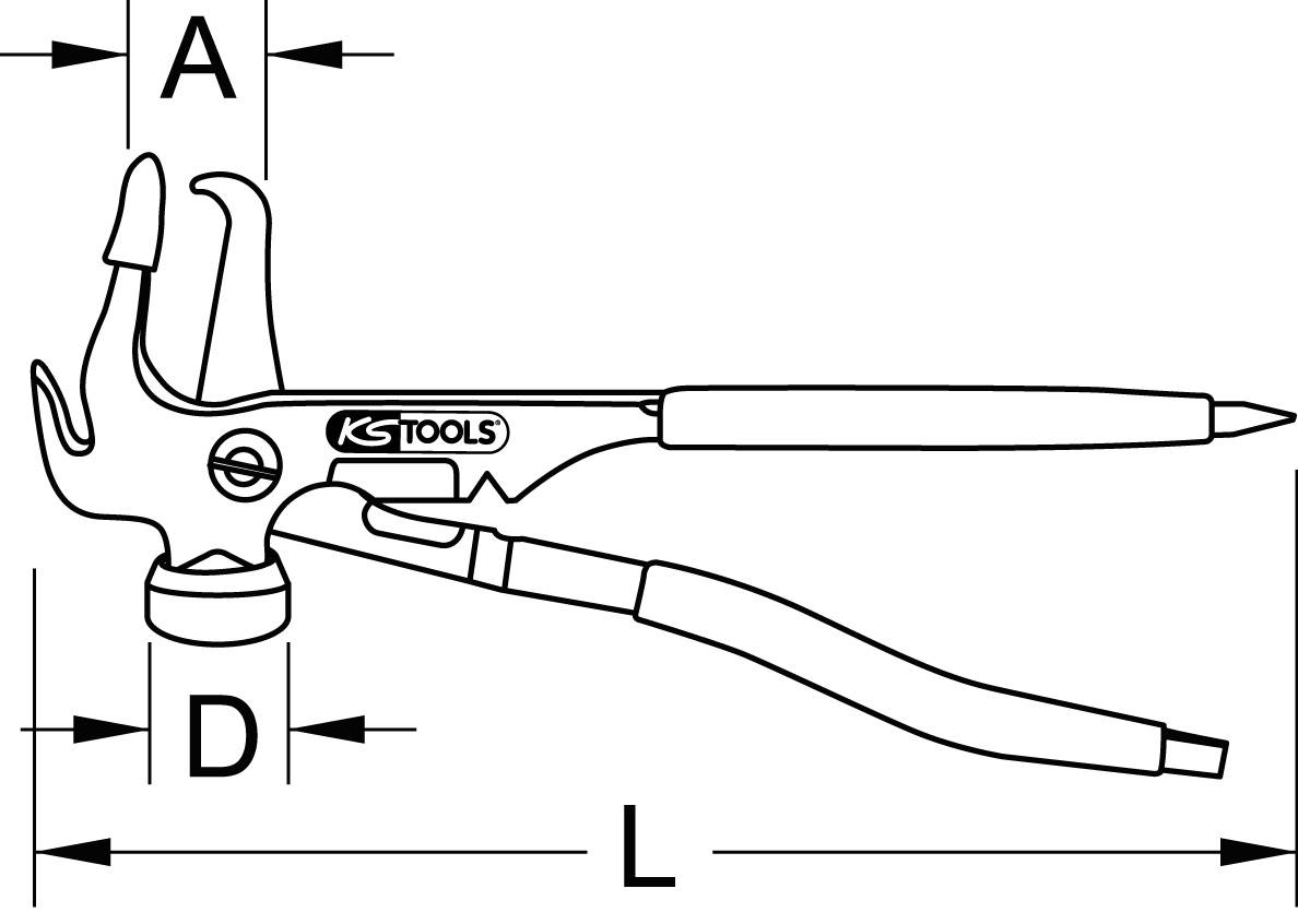 'KS Tools' Universalhammer mit Maßangaben: 'A', 'D', 'L'. Werkzeug zur Vielseitigkeit in verschiedenen Anwendungen.