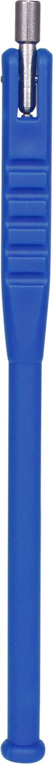 Blauer Plastikgriff von einem Werkzeug mit Metalleinsatz an der Spitze, möglicherweise ein Schraubendreher oder ähnliches Werkzeug.
