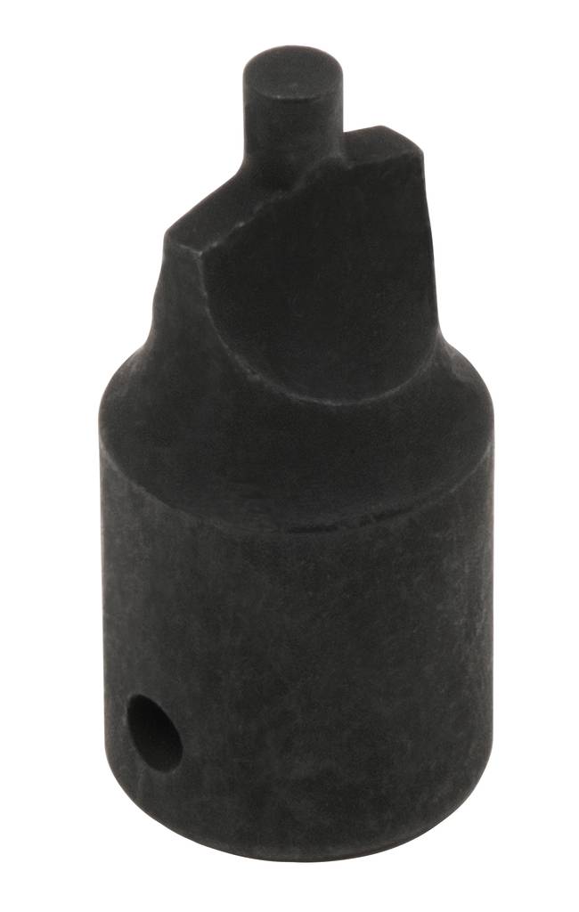 Ein schwarzes, zylindrisches Metallteil mit einer Öffnung an der Basis und einem kleinen zylindrischen Fortsatz an der Spitze.