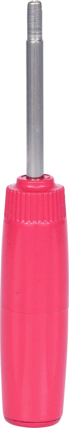 Ein pinker Schraubendreher mit silbernem Schaft, vertikal ausgerichtet, vor einem neutralen Hintergrund.
