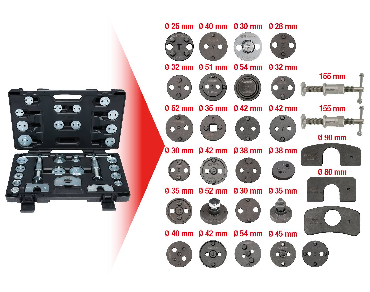 Bremskolben-Rückstellwerkzeug-Set mit verschiedenen Adaptergrößen in einem offenen Koffer. Adaptergrößen von 25 mm bis 80 mm.