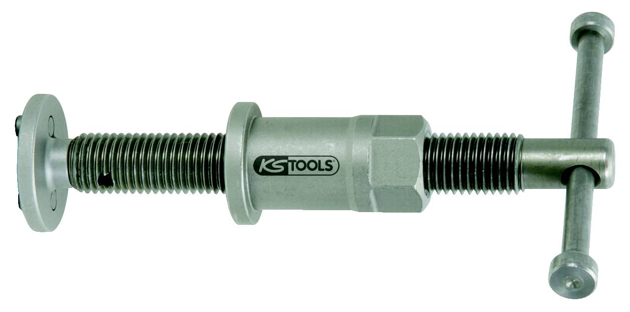'KS TOOLS' Schraubwerkzeug mit T-Griff zur Anwendung in Mechanik oder Reparaturen. Silberfarbenes Metall mit Gewinde und runder Basis.