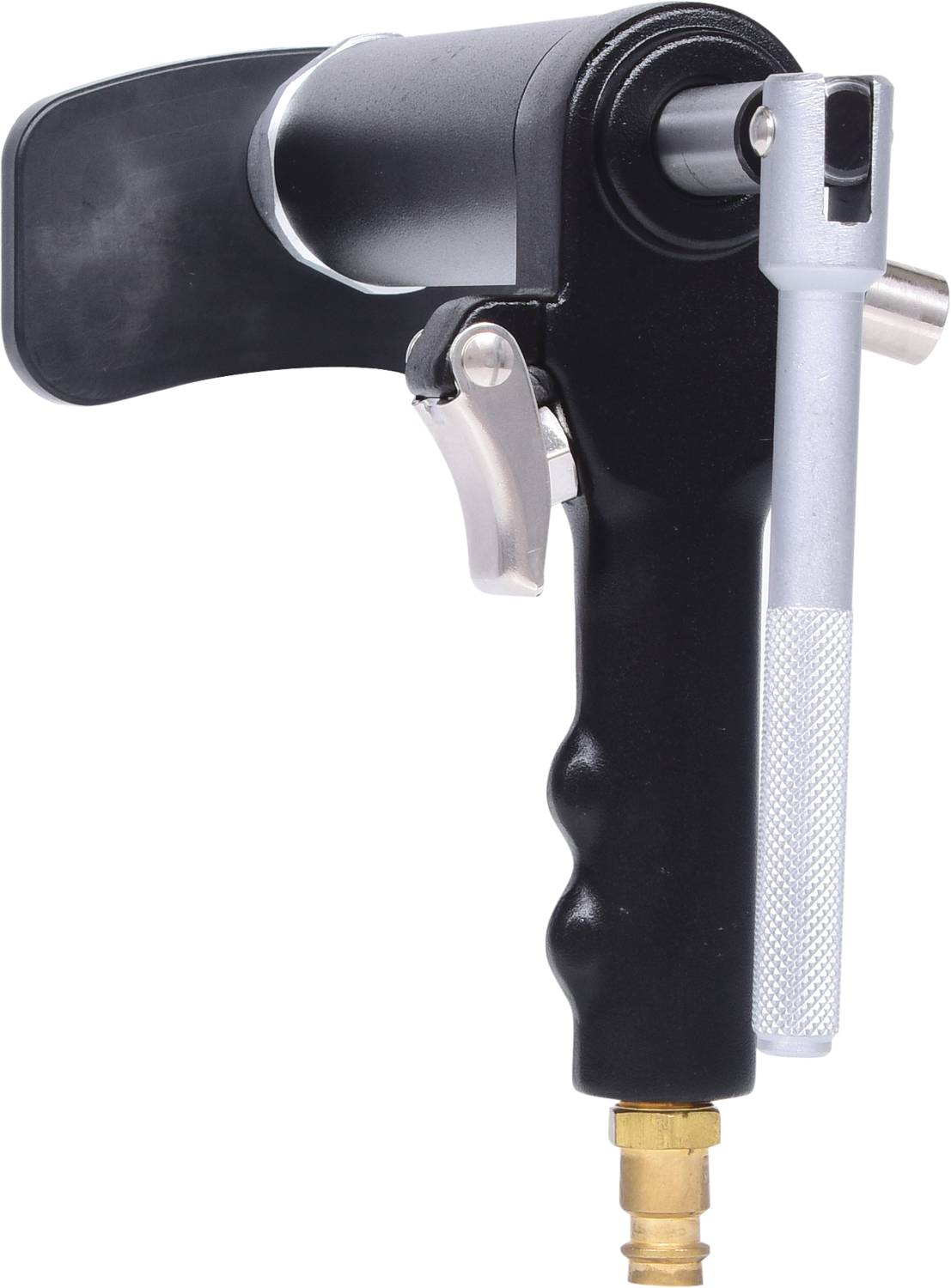 Eine schwarze Lufthahn-Pistole mit ergonomischem Griff und Silberventil, verwendet für präzise Luftzufuhr in Werkstattumgebungen.
