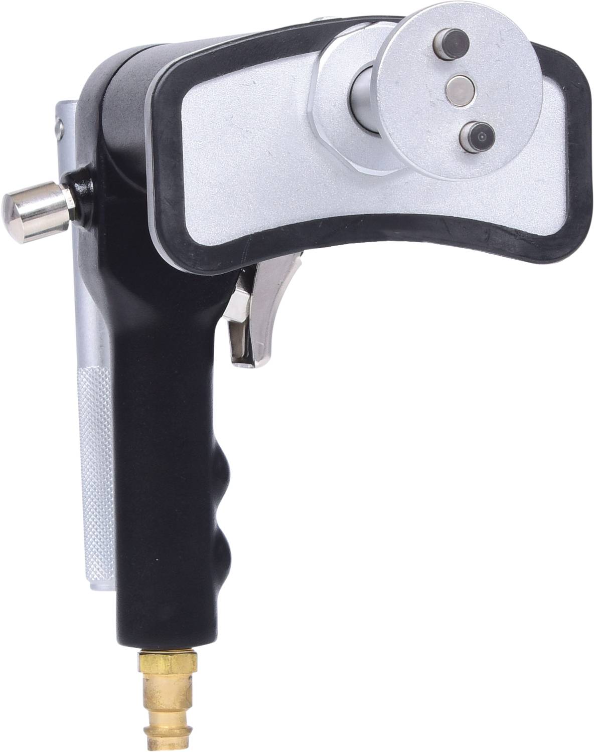 Handheld-Gerät zur Kabelverarbeitung mit metallischem Hebelgriff, Drehkopf und Anschlussstück, geeignet für präzise industrielle Anwendungen.