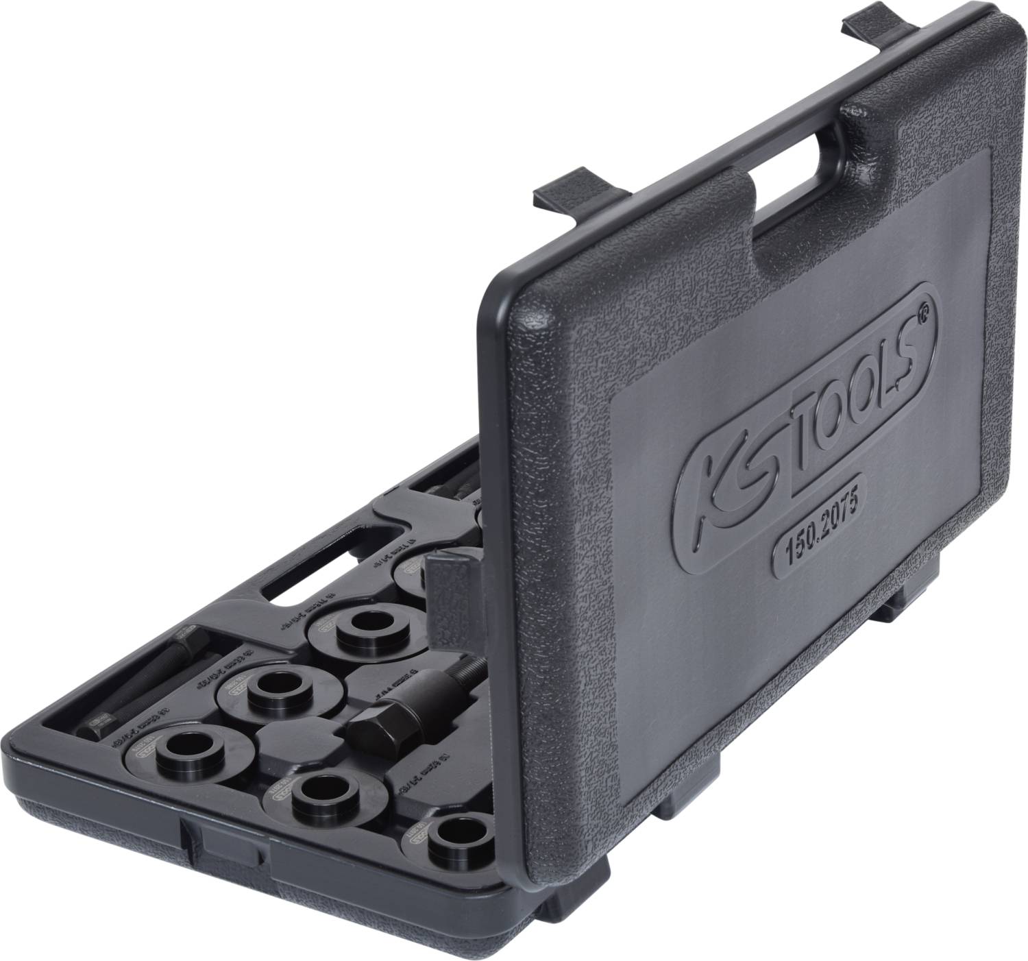 Ein offener, tragbarer schwarzer Kunststoffkoffer mit Fächern für Werkzeugeinsätze. Enthält Einsätze in verschiedenen Größen für Kfz-Reparaturen.