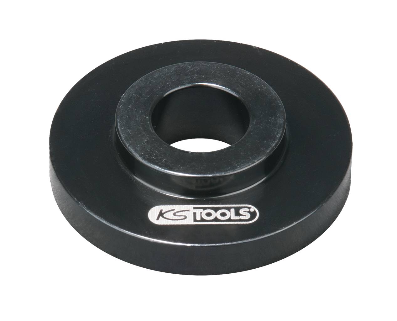 Rundes Werkzeugteil aus schwarzem Metall mit mittigem Loch und 'KS TOOLS'-Logo, vermutlich eine Scheibe oder ein Abstandshalter.