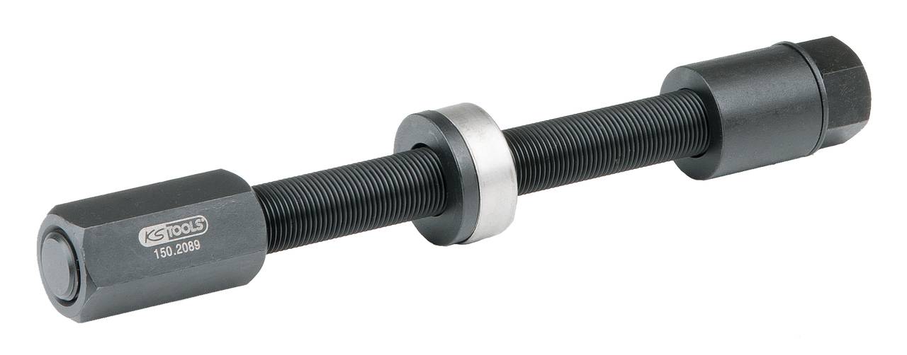 Schraubspindel mit zwei großen Sechskant-Anschlüssen und einem zentralen Ring zur Anwendung in mechanischen Arbeiten.