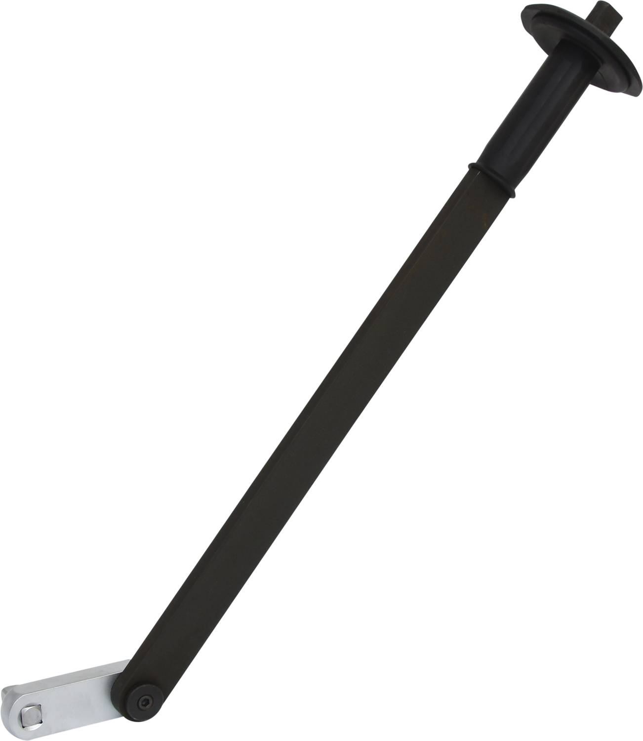 Ein langer, dunkler Metallarm mit einer beweglichen Halterung an einem Ende; möglicherweise Teil eines Maschinen- oder Möbelmechanismus.