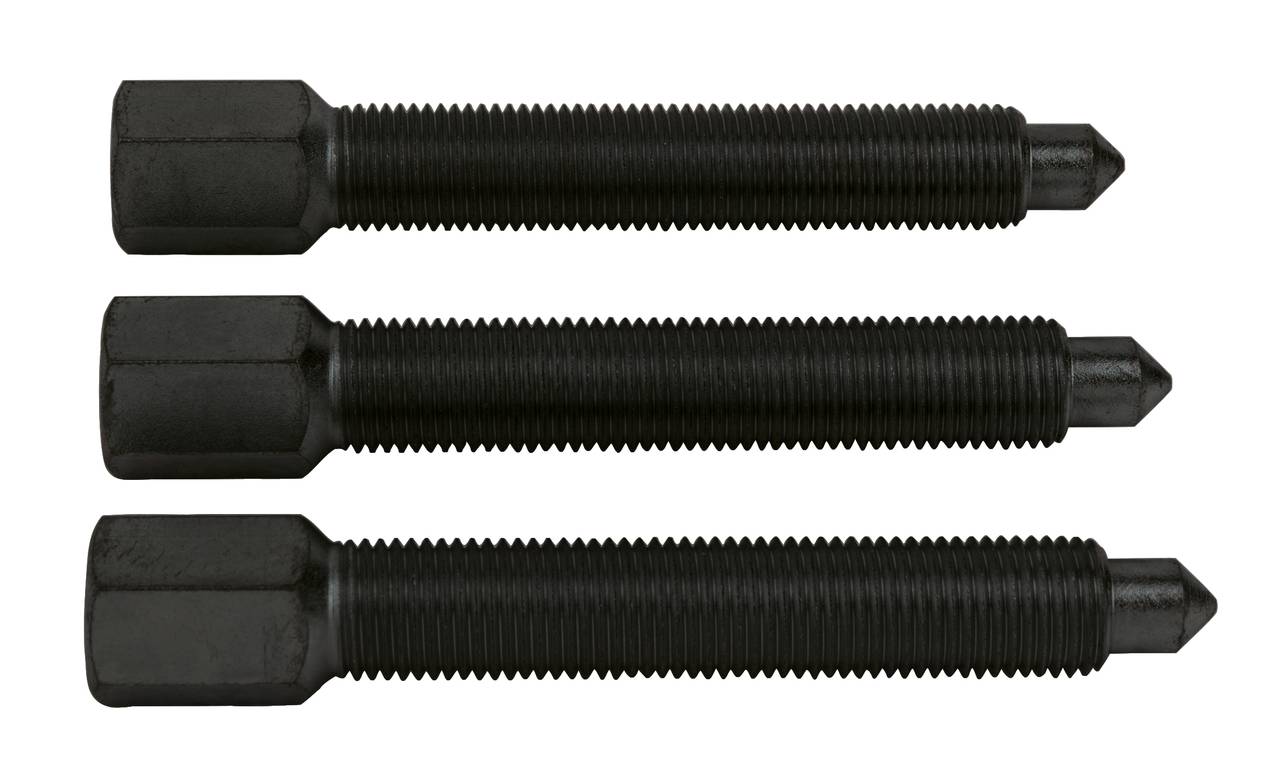 Drei schwarze Schrauben mit Sechskantkopf liegen parallel zueinander auf weißem Hintergrund. Alle haben eine spitze Spitze und sind gleich lang.