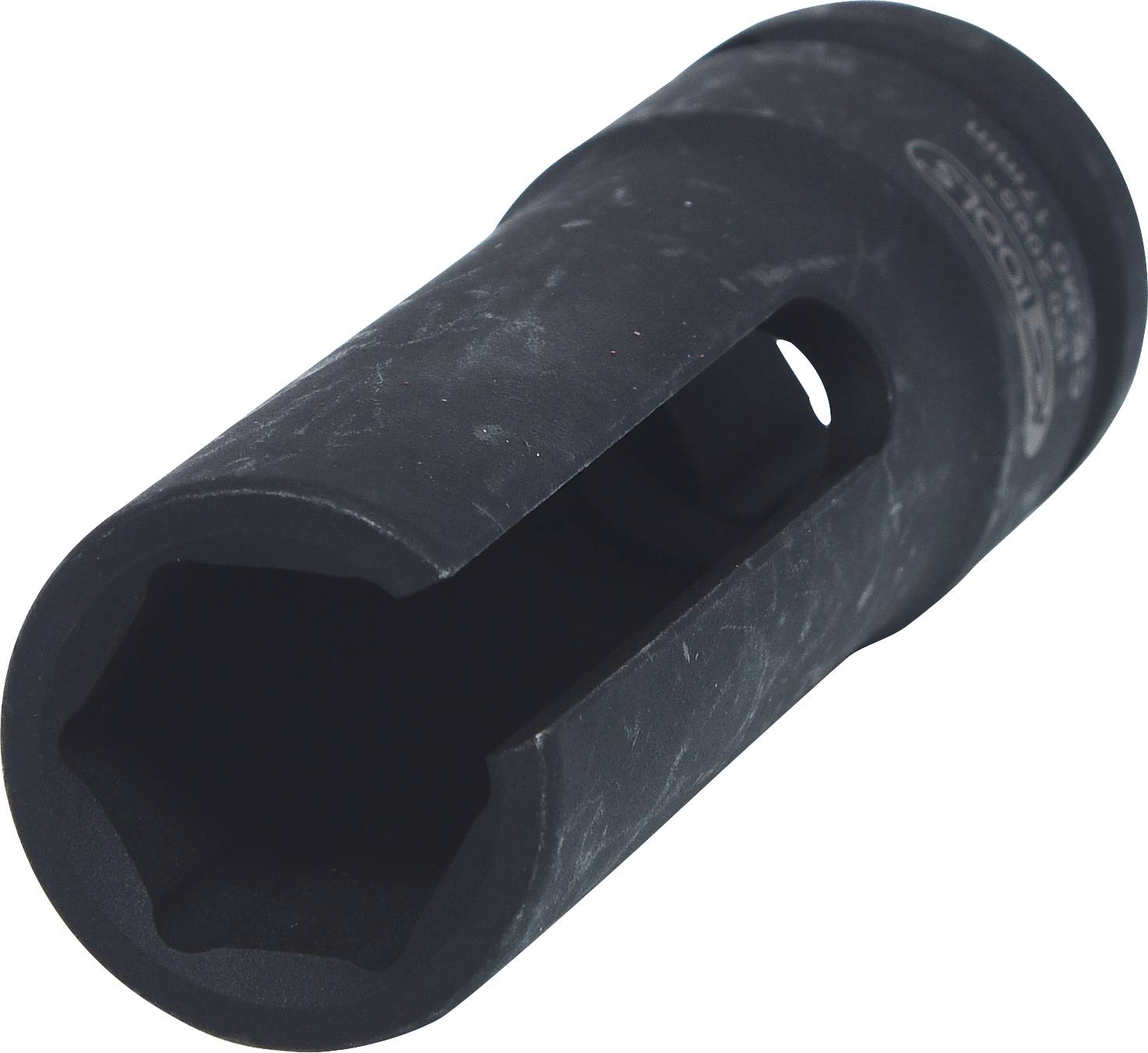 Schwarzer Schraubenschlüssel mit sechseckiger Öffnung und seitlichem Schlitz. Hauptsächlich für spezielle Schrauben oder Muttern.