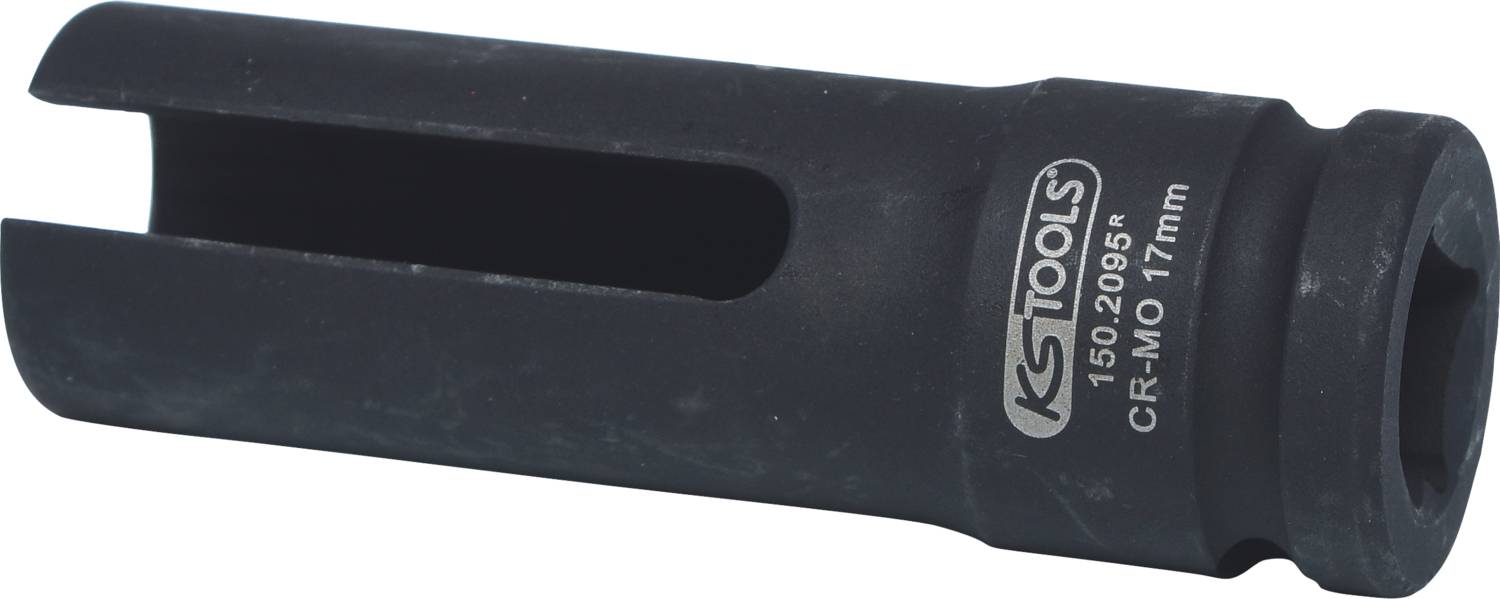 Ein schwarzer Steckschlüssel-Kraft-Steckschlüssel mit der Aufschrift 'KS TOOLS, CR-MO 17mm', in Zylinderform mit seitlichem Schlitz.