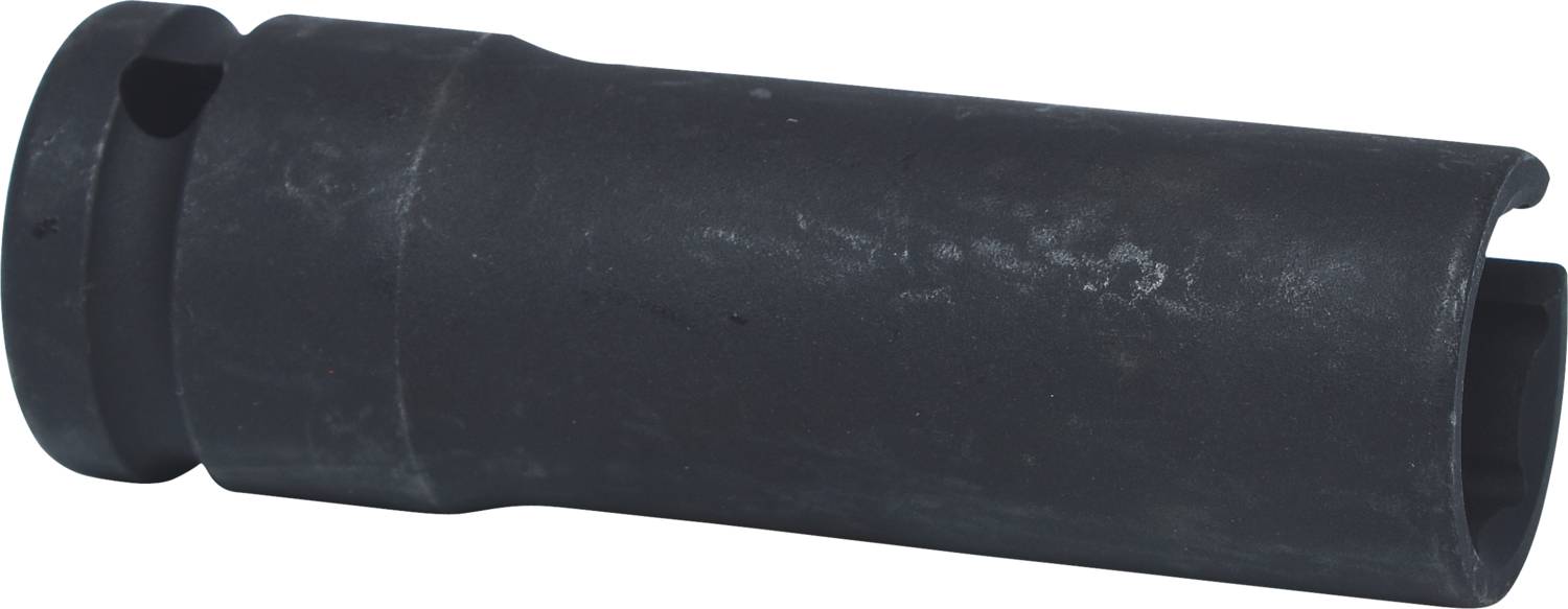 Schwarzes zylindrisches Metallwerkzeug mit abgerundeter Kante und vertieftem Muster, möglicherweise eine spezialisierte Stecknuss.