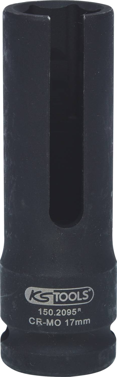 Ein schwarzer Steckschlüsselaufsatz aus CR-MO-Material mit der Aufschrift 'KS TOOLS' und der Größenangabe '17mm'.