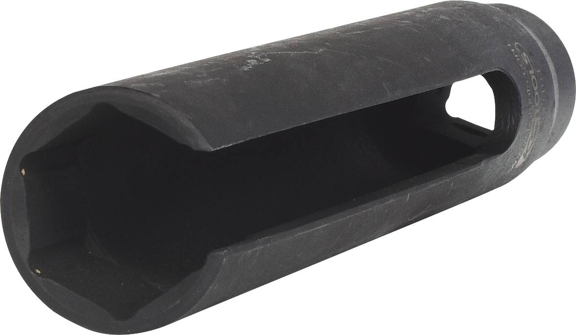 Ein schwarzes, zylindrisches Werkzeug mit offenen Enden und dicker Wandung, vermutlich ein Steckschlüssel oder eine Verlängerung.