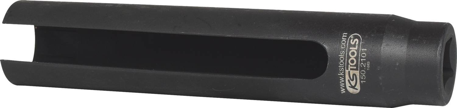 Ein schwarzes Steckschlüssel-Werkzeug mit einer langen, schmalen Öffnung entlang der Seite, geeignet für spezielle Schraubaufgaben.