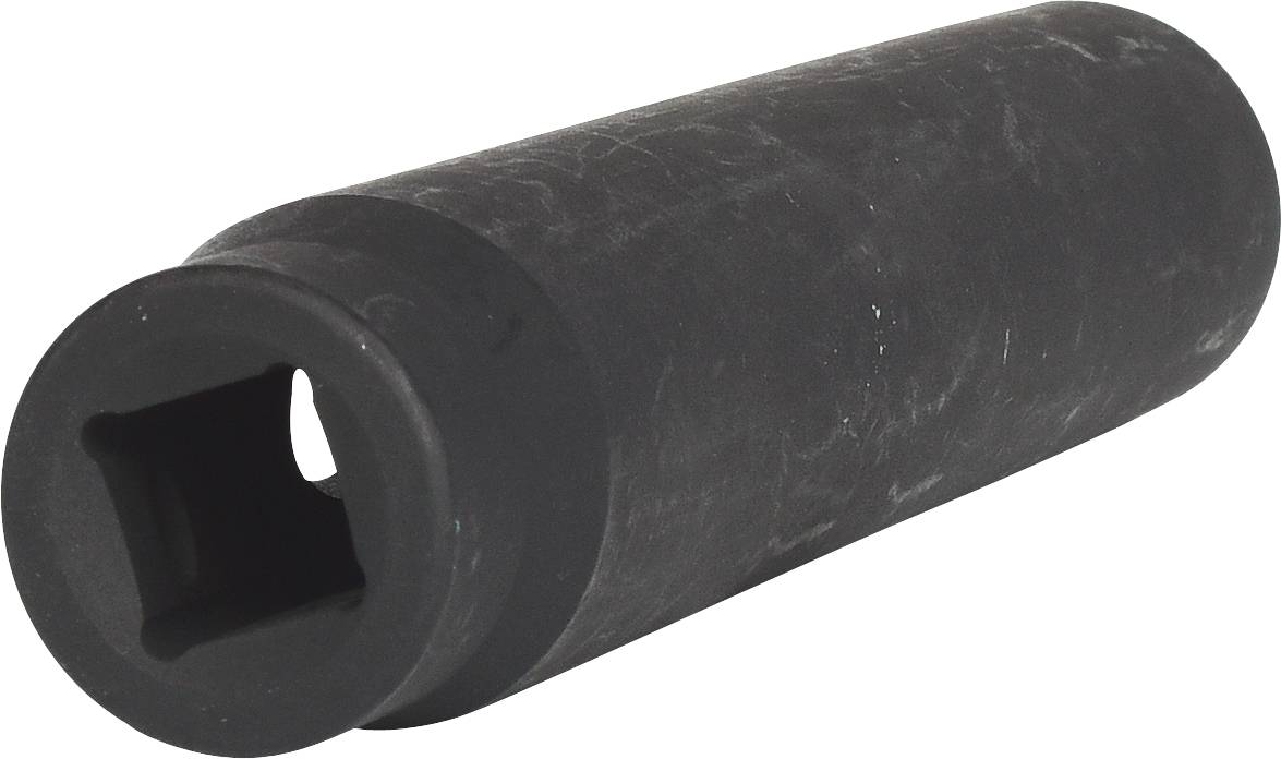 Ein schwarzer, zylindrischer Steckschlüsselaufsatz aus Metall. Er hat eine quadratische Aufnahme für einen Drehmomentschlüssel.