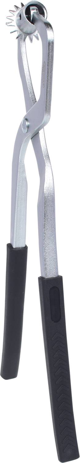 Zange mit spitzen, gezackten Rändern und schwarzen Griffen, die zum Festhalten oder Schneiden von Materialien verwendet wird.