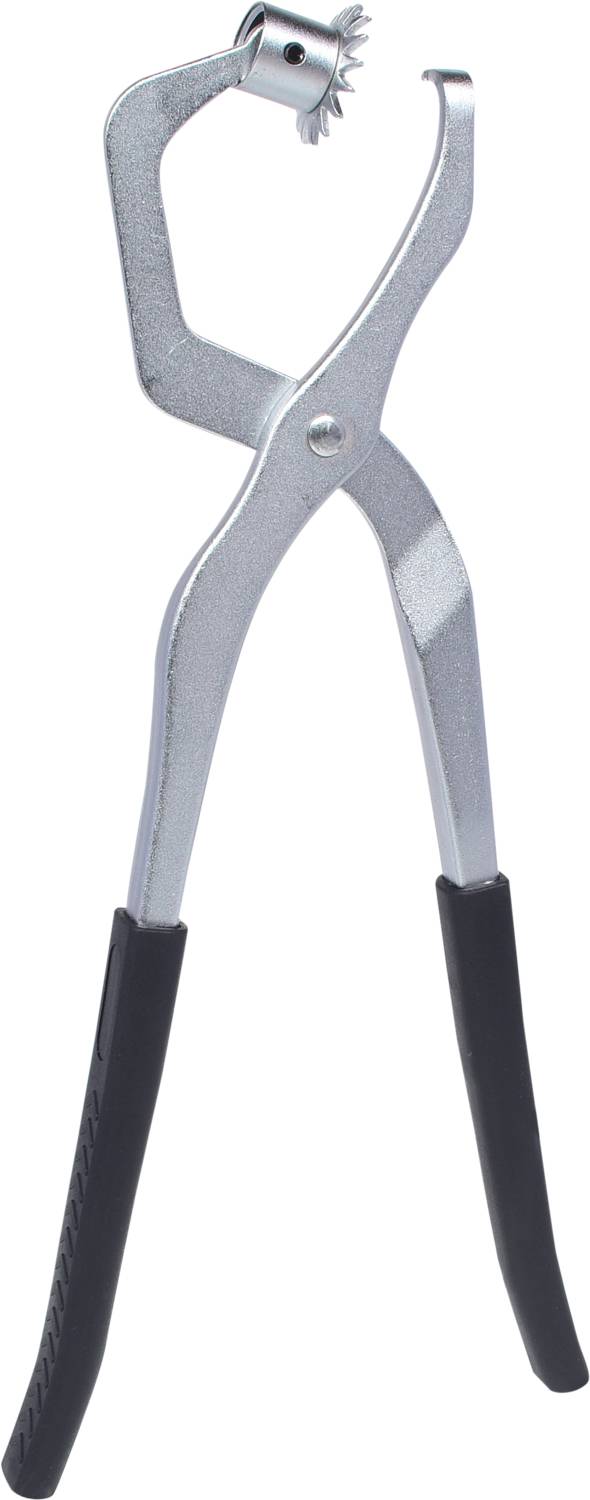 Ein silberfarbener Lederlochzange mit geriffeltem Griff und verstellbarem Kopf, zum Stanzen von Löchern in Leder oder Stoff.