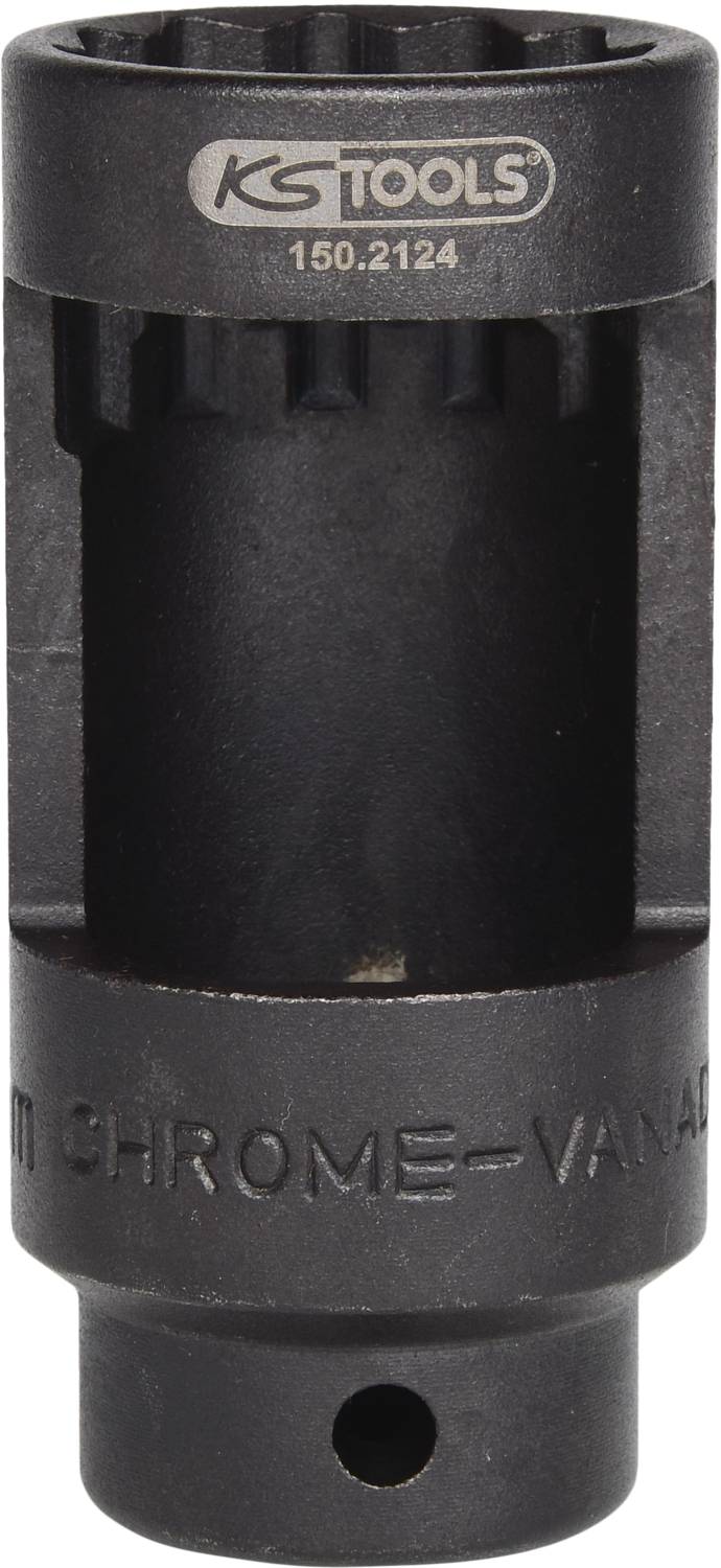 Steckschlüssel von KS Tools, Modellnummer 150.2124, aus Chrom-Vanadium, zylinderförmig mit einer Öffnung an einem Ende.