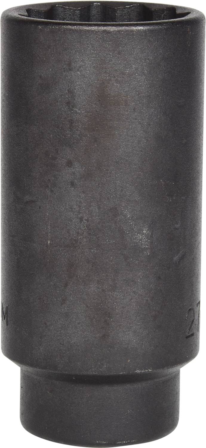 Eine dunkle Steckschlüssel-Nuss, zylindrisch geformt, aus Metall. Typisches Werkzeug, verwendet zum Befestigen oder Lösen von Schrauben.