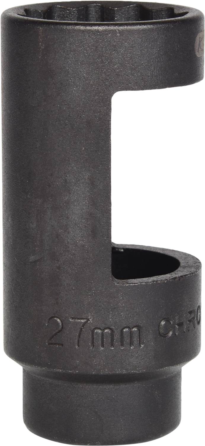 Schlagzündkerzenschlüssel, 27 mm, schwarz, mit seitlich offenem Design für erleichterten Zugang zu schwer erreichbaren Zündkerzen.