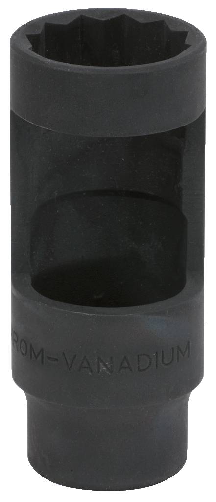 Schwarze Stecknuss aus Chrom-Vanadium-Stahl mit sechskantigem Profil und seitlicher Öffnung.