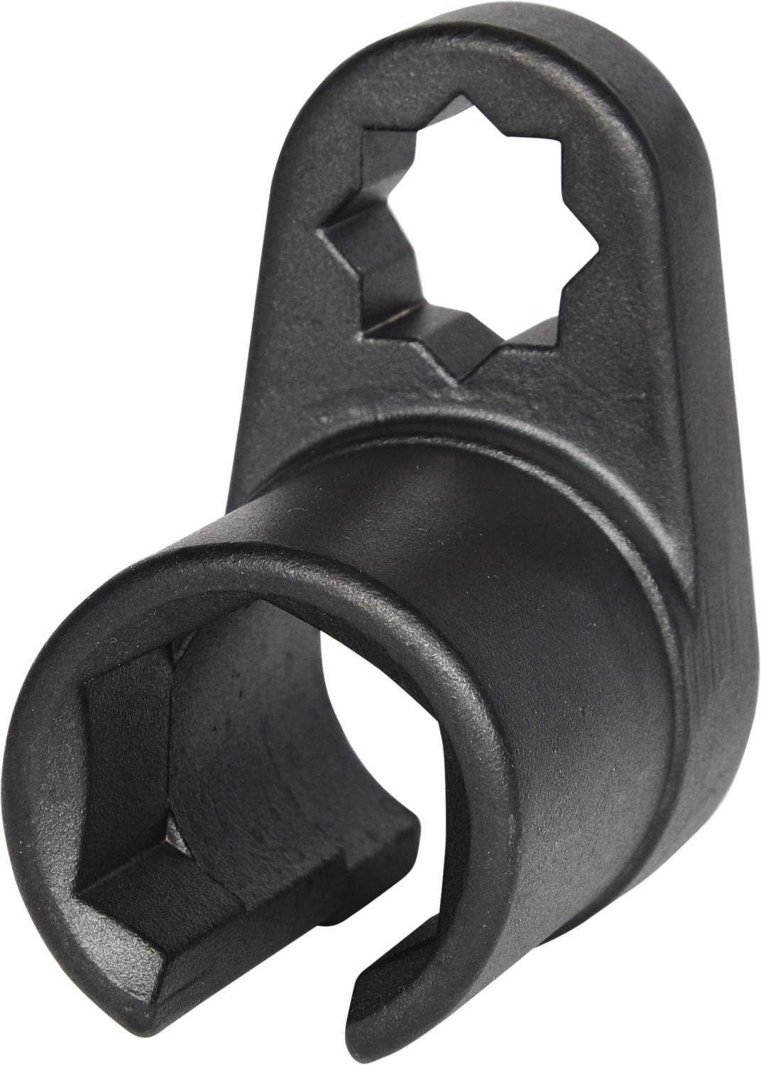 Schwarzes Metallwerkzeug mit sternförmiger Öffnung und zylindrischem Schaft, verwendet zur Befestigung von Schrauben oder Muttern.