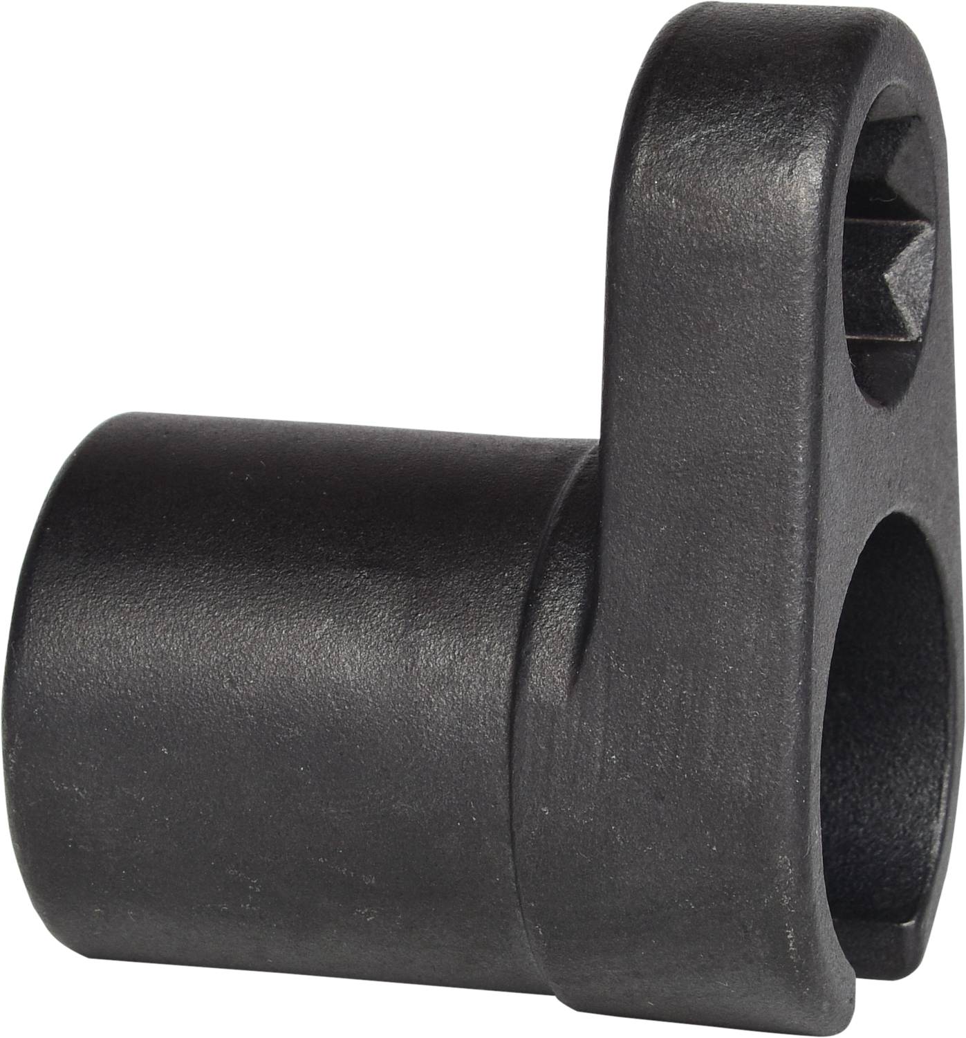 Schwarzes Kunststoffteil mit zwei Öffnungen, rechter Winkel. Gebogenes Design an vorderer Öffnung.