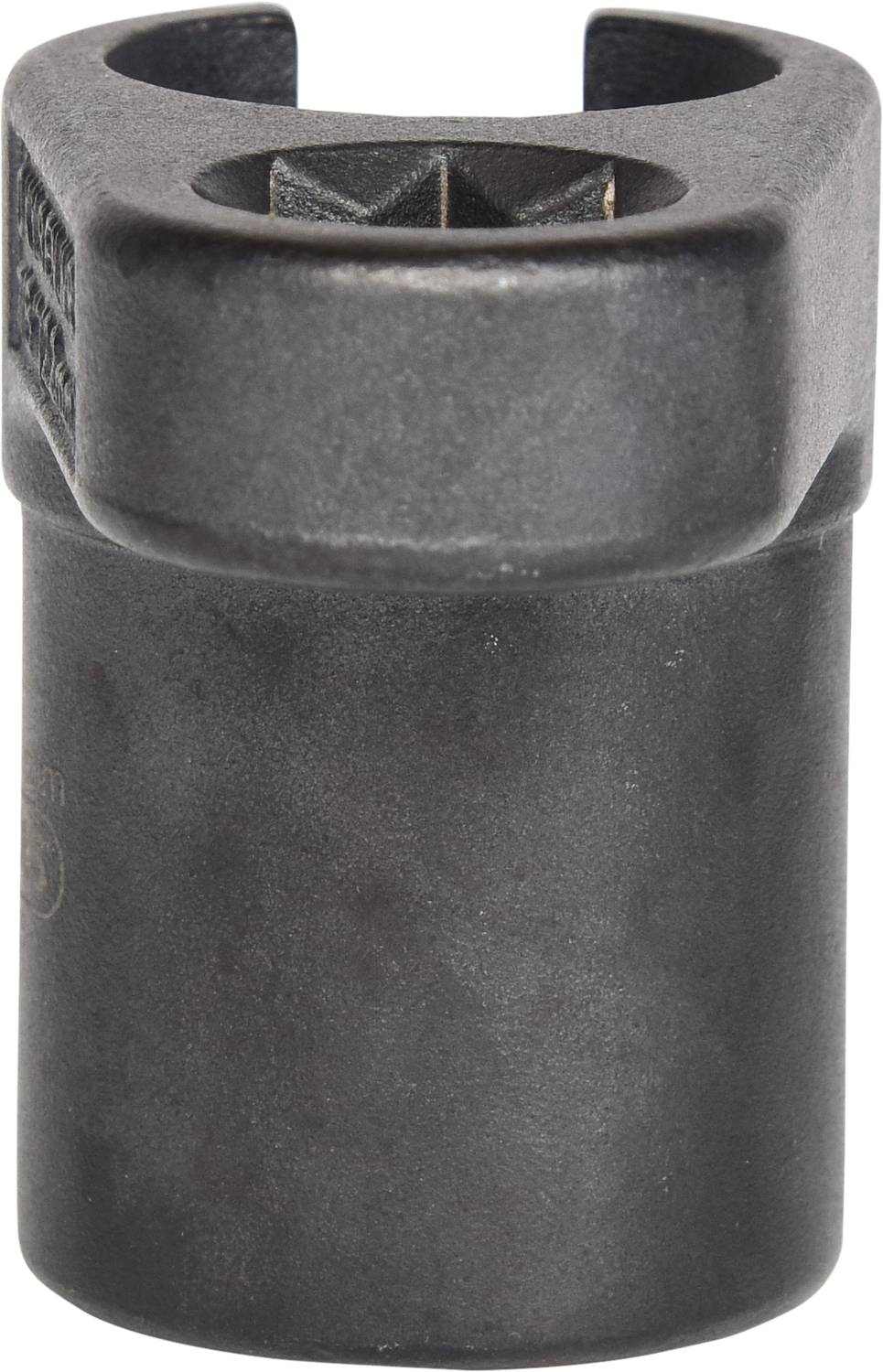 Ein schwarzes, metallisches Werkzeug, das wie eine große, offene Steckschlüsselbuchse aussieht, geeignet für spezielle Schraubverbindungen.